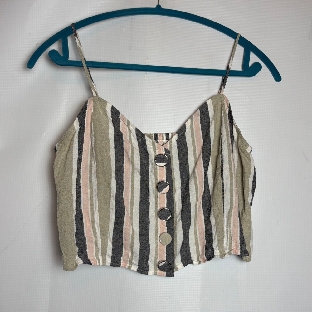 Express Womens Striped Linen Blend Smocked Back Button Front Crop Cami Top L‎